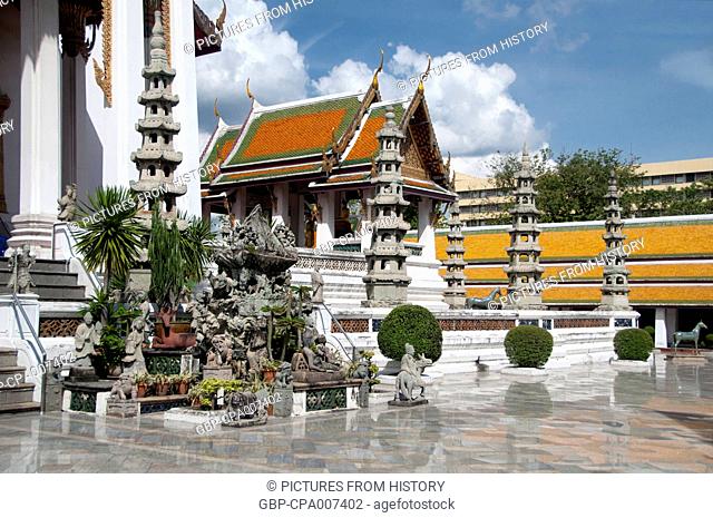 Thailand: Some of the 28 Chinese pagodas that surround the terrace of the viharn, Wat Suthat, Bangkok