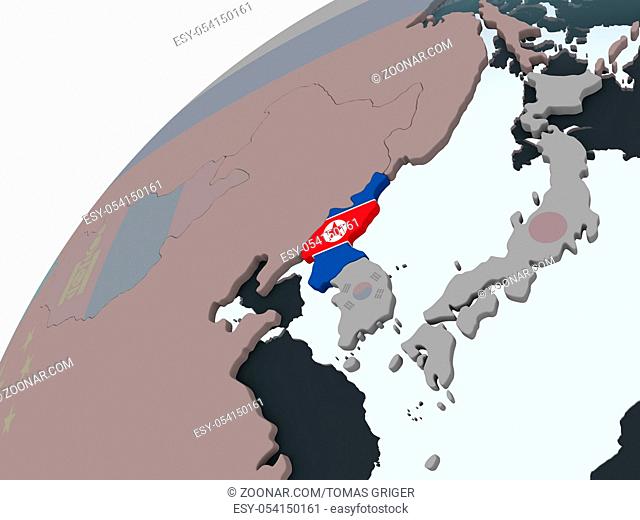 North Korea on political globe with embedded flag. 3D illustration