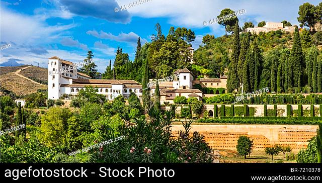View of Generalife, summer palace of the Moorish rulers, oldest preserved Moorish garden complex, Granada, Granada, Andalusia, Spain, Europe