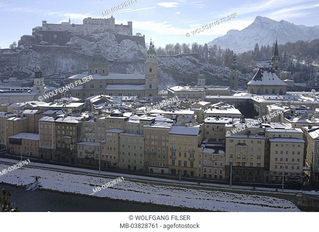 Austria, Salzburg, view over the city,   Fortress Hohensalzburg, winters,   City, birth city Wolfgang Amadeus Mozart, Mozart year 2006, old town, houses