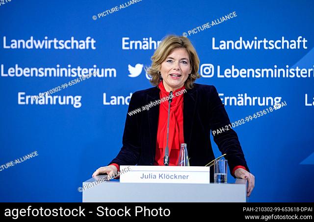 02 March 2021, Berlin: At a press conference, Julia Klöckner (CDU), Federal Minister of Food and Agriculture, presents the results of the feasibility study on...