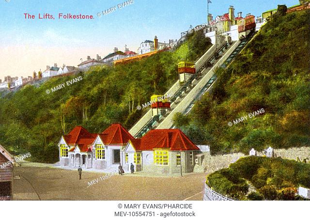 The Leas Lifts, Folkestone, Kent. The Folkestone cliff lift is a water balanced funicular opened in 1885. This proved so popular three further lifts were added