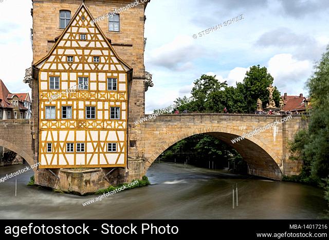 germany, bavaria, upper franconia, bamberg, old town hall, obere brücke and regnitz, is part of the unesco world heritage