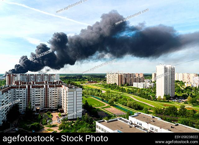 Black smoke from a major fire in a Moscow, Russia