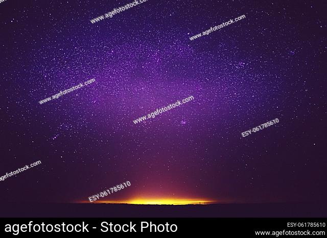 Amazing Night View Sky. Colourful Night Starry Sky In Violet Colors. Soft Magenta-pink Colours. Bright Night Starry Sky. Dream View