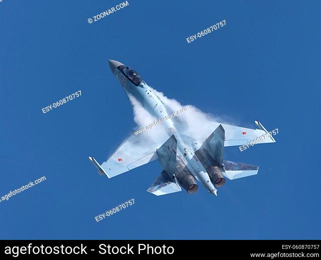 Moscow Russia Zhukovsky Airfield 31 August 2019: aerobatic Su-35 perfoming demonstration flight of the international aerospace salon MAKS-2019