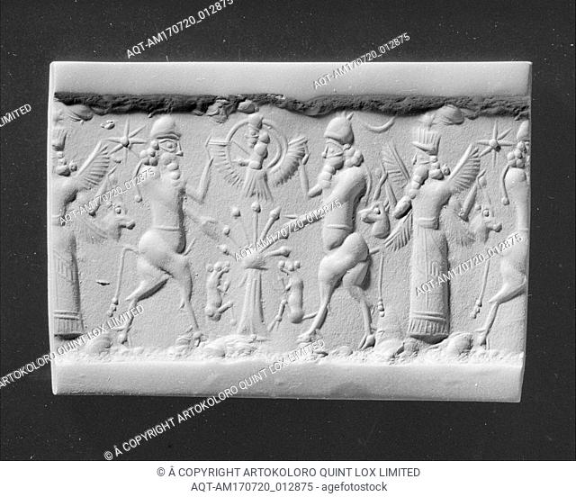Cylinder seal and modern impression: bull-men flanking deity above sacred tree; winged deity holding horned animal heads, Neo-Assyrian, ca
