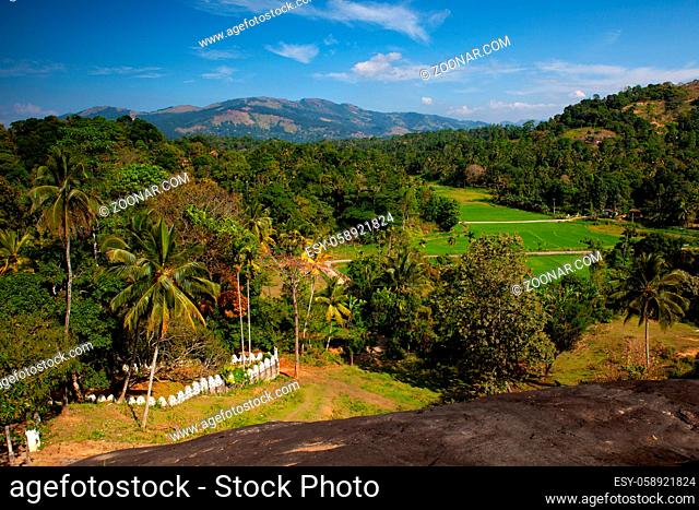 View from Lankatilaka Buddhist temple. Hiyarapitiya village, from the Udu Nuwara area of Kandy district in Sri Lanka. This historical temple was built by the...