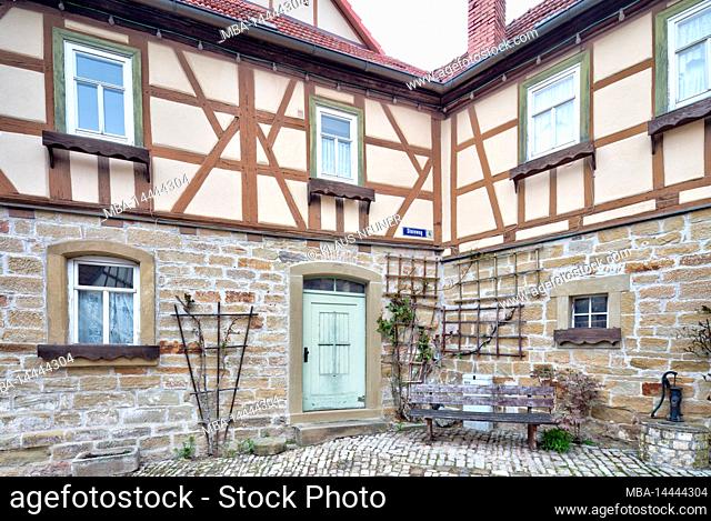 half-timbering, house facade, front door, window, rose trellis, spring, Königsberg, Hassberge, Franconia, village view, Bavaria, Germany, Europe