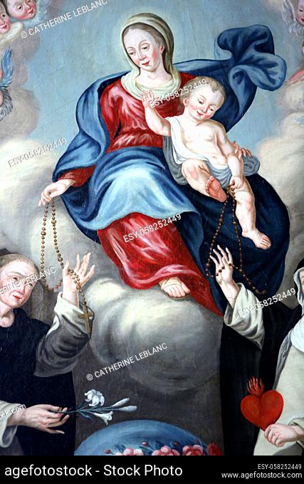 Baroque painting of the central altarpiece (unknown author): Assumption of the Virgin. The Virgin Mary and Jesus Christ, seated on a cloud