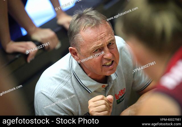 Belgium's head coach Valery Demory gestures during a friendly basketball game between Belgian national team the Belgian Cats and Serbia