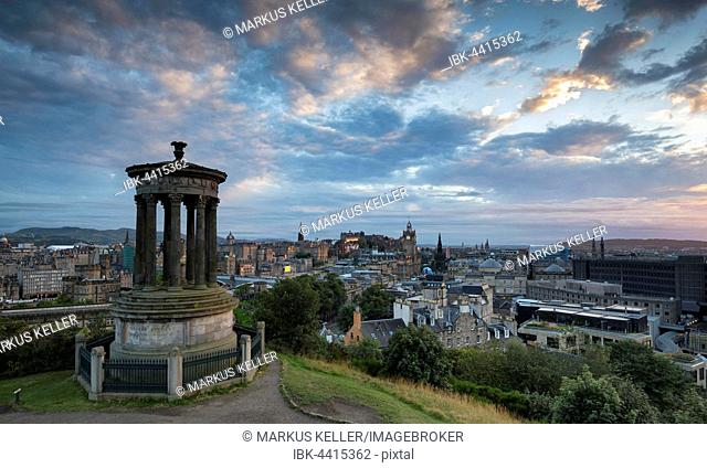 Dugald Stewart Monument, view from Calton Hill across historic centre and Edinburgh Castle, Edinburgh, Scotland, United Kingdom