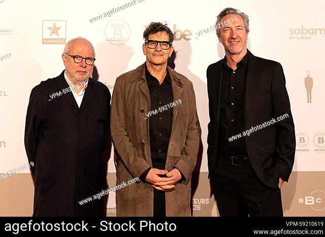 scenario writer and actor Angelo Tijssens, actor Koen De Bouw and director Peter Monsaert pictured during the award ceremony of the 'Ensors' Flemish film prizes...