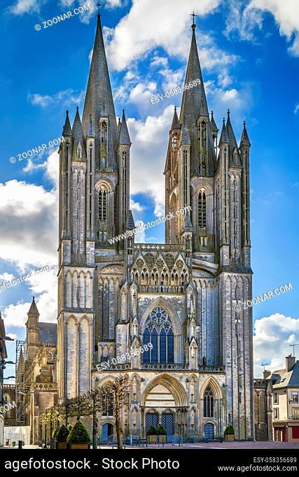 Coutances Cathedral is a Gothic Roman Catholic cathedral constructed from 1210 to 1274 in the town of Coutances, Normandy, France. Facade