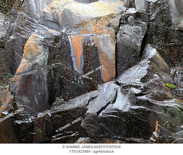 Slate wall at Vivian quarry a part of Dinorwic quarry, Llanberis, Snowdonia, Wales, Europw