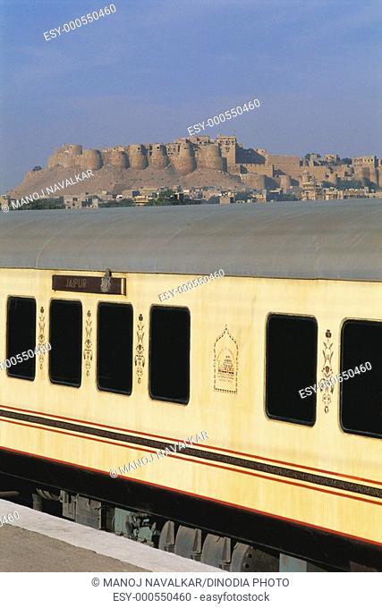 View of Jaisalmer fort over palace on wheel train , Jaisalmer , Rajasthan , India