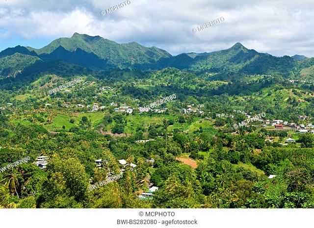 view over a forested and populated hill landscape, Saint Vincent and the Grenadines, Mesopotamia Valley