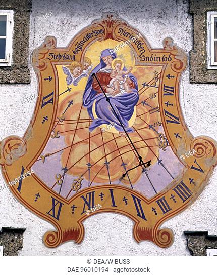 Baroque Sundial depicting the Virgin Mary, Rudolfskai fortifying walls, Salzburg. Austria