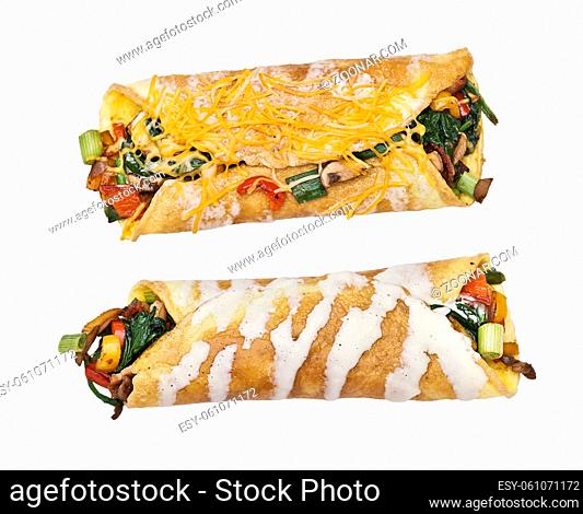 Egg wrap with vegetables and bacon isolated on white background