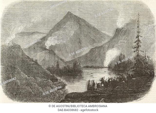 Fires and nightlife on Lake Thun at the Federal Grand Council meeting, Switzerland, drawing by Marvy, illustration from L'Illustration, Journal Universel