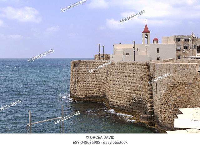 Old city walls and church of acre in northen israel