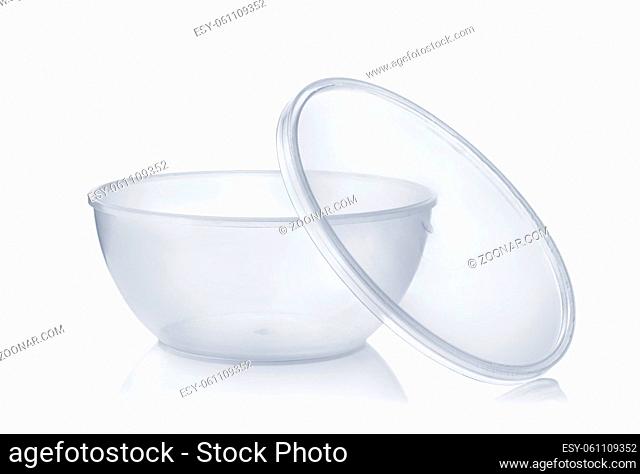 Empty disposable round plastic food container isolated on white