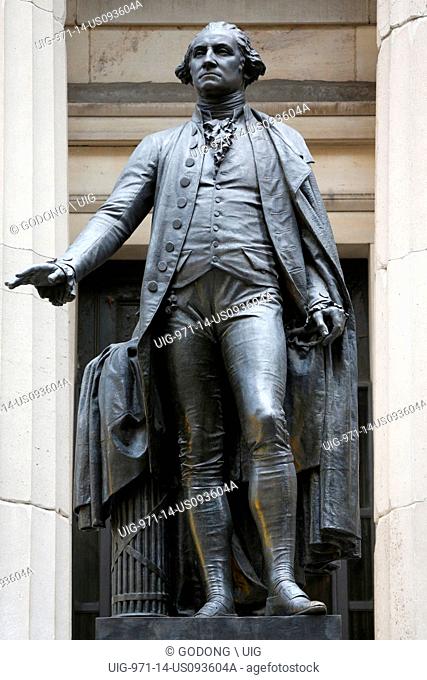 Statue of George Washington in 1882 by the sculptor John Quincy Adams Ward in front of the Federal Hall National Memorial, Wall Street