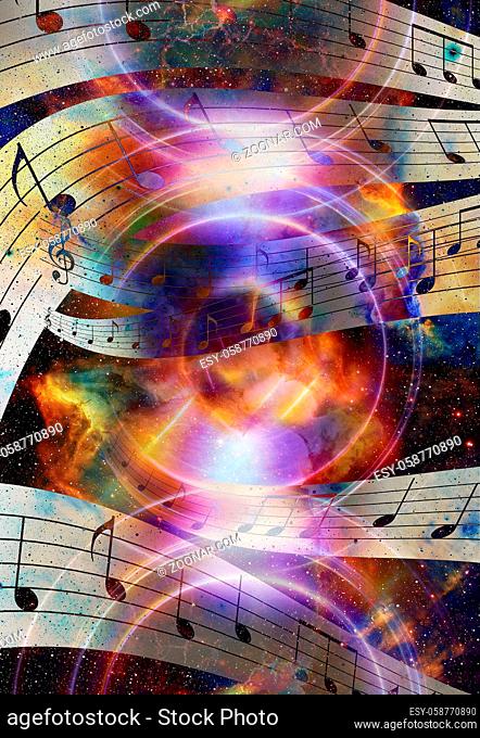Audio music Speaker and note. Cosmic space and stars, abstract cosmic background
