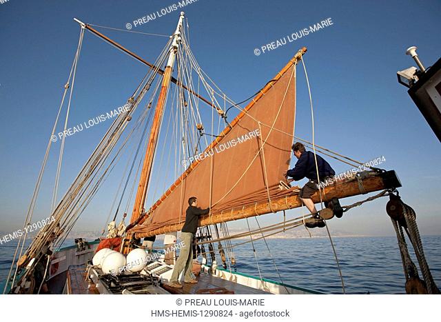 Mediterranean Sea, Fleur de Lampaul yacht, dundee Breton listed as historical monument, sailors sailing slumps