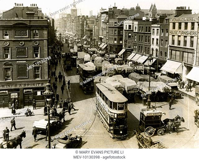 A commercial street in the city - the Haymarket at Aldgate, London