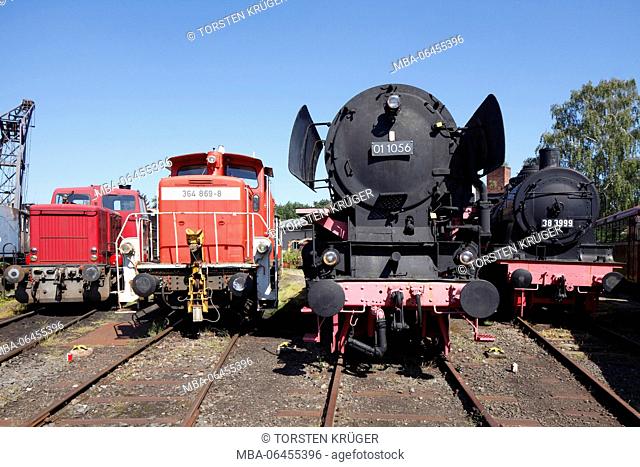 Old diesel locomotives and steam locomotives, train museum, Darmstadt-Kranichstein, Darmstadt, Hessia, Germany, Europe