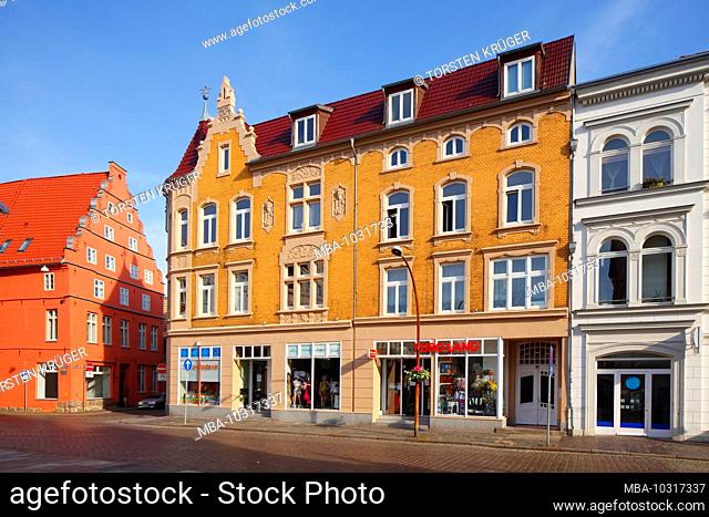 Historic house facades at the market square, Guestrow, Mecklenburg-West Pomerania, Germany, Europe