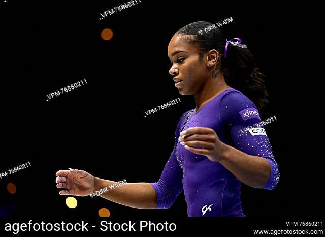 US Shilese Jones pictured after her pass at the balance beam during the apparatus finals at the Artistic Gymnastics World Championships, in Antwerp
