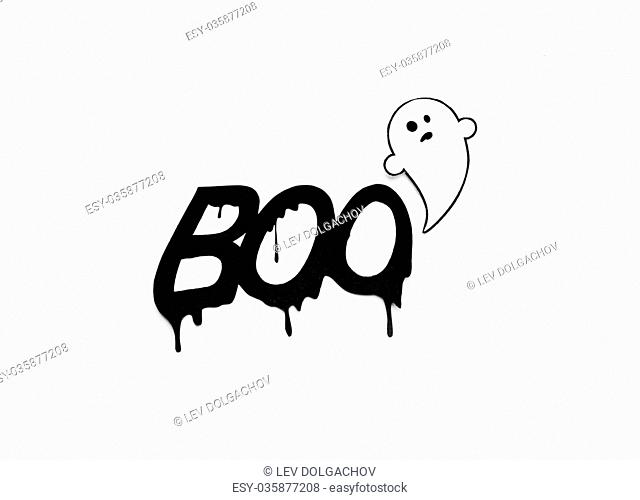 halloween and decoration concept - paper ghost doodle and word boo over white background