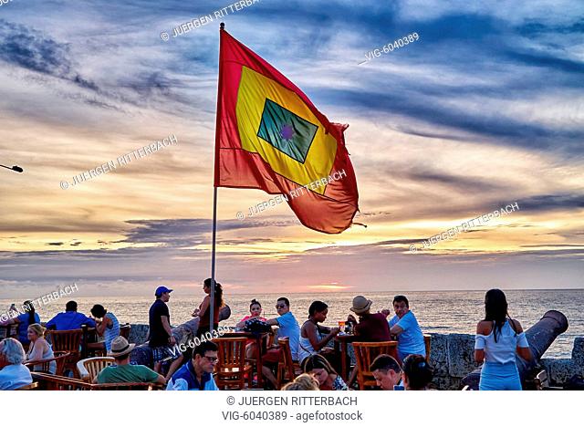 Cartagena flag at sunset at Cafe del Mar, Cartagena de Indias, Colombia, South America - Cartagena de Indias, Colombia, 29/08/2017