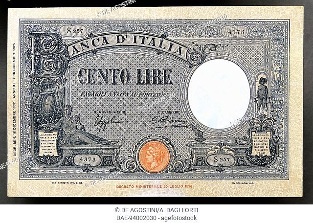 100 lire banknote, blue Barbetti type, 1931-1934, obverse, 18x12 cm. Italy, 20th century