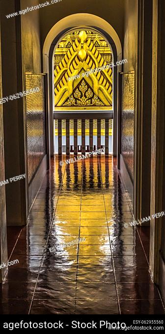Corridor View Spire Reflection Loha Prasat Metal Castle Buddhist Temple Wat Ratchanaddaram Worawihan Bangkok Thailand. Built 1846