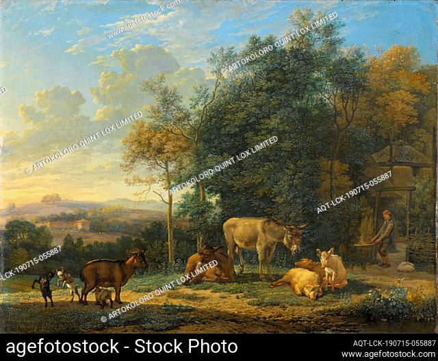 Landscape with two Donkeys, Goats and Pigs Landscape with two Donkeys, goats and Pigs, Animals in the yard of an Italian farm: a goat with three goats