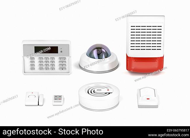 Electronic devices for home or office security on white background