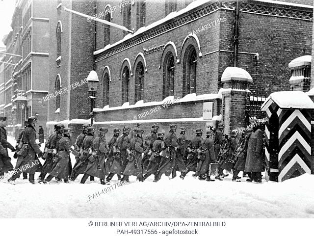 The Nazi propaganda picture shows German Wehrmacht recruits returning home after an exercise at the barracks in Danzig, Poland, January 1940