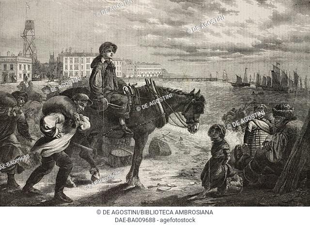 Early morning at Yarmouth, arrival of the first herring-boat of the season, illustration from the magazine The Illustrated London News, volume XXXIX