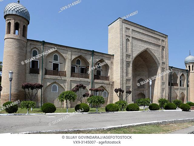 Tashkent, Uzbekistan - May 02, 2017: Front view of Abul Kasim madrasa, a well known 18th century historical building in the city