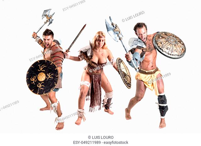 Ancient warrior or Gladiator's group ready to fight, isolated in white