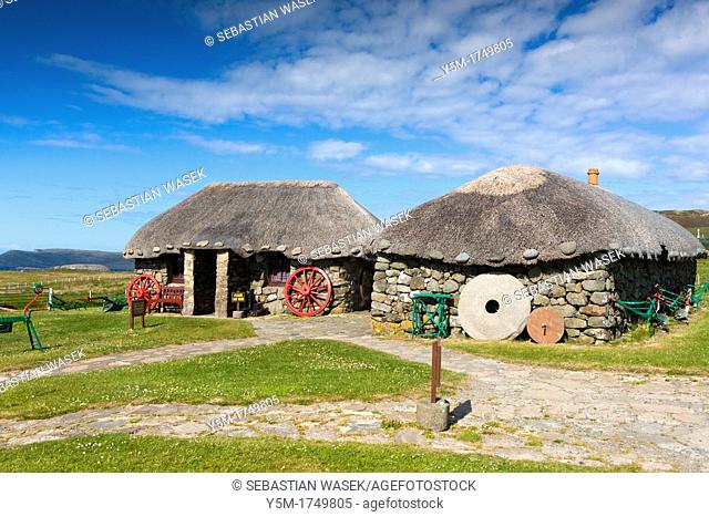 Thatched croft houses at the Skye Museum of Highland Life, Kilmuir, Trotternish, Isle of Skye, Inner Hebrides, Scotland, United Kingdom, Europe