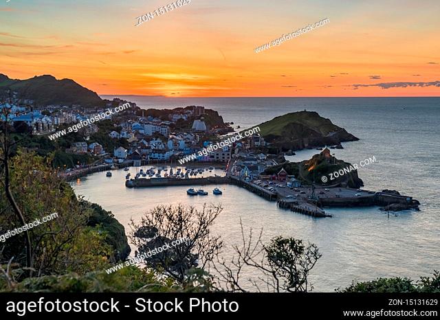 Ilfracombe, Devon, England, UK - September 28, 2018: Evening view towards the harbour from Hillsborough Hill