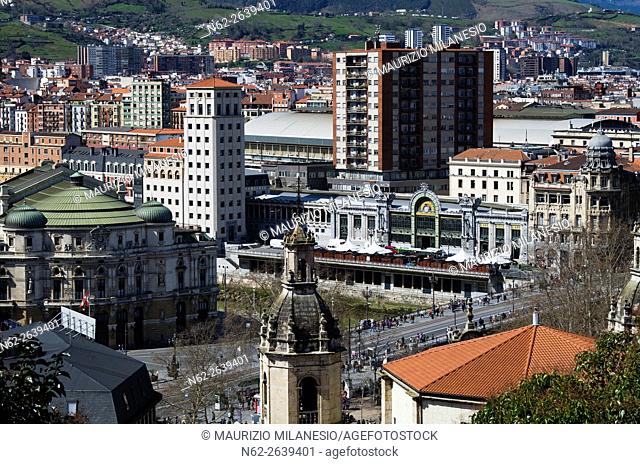 High Angle View on Abando train station and Arriaga theatre, Bilbao, Biscay, Basque country, Spain