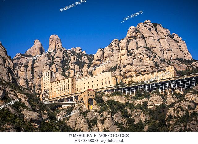 The monestary on Montserrat - Catalunya, Spain. The monestary sits on the usual rock mountain formation of Montserrat and is a popular pilgramage site for...