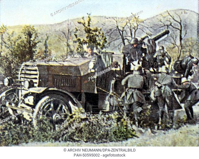 The contemporary colorized German propaganda photo shows German soldiers on a anti-aircraft gun vehicle on the Western Front in 1917