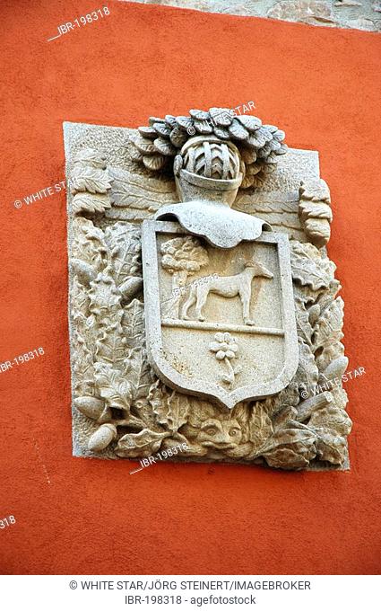 Family emblem on the facade of a noble house , Cirauqui , Navarre , Way of St. James , Spain , Europe