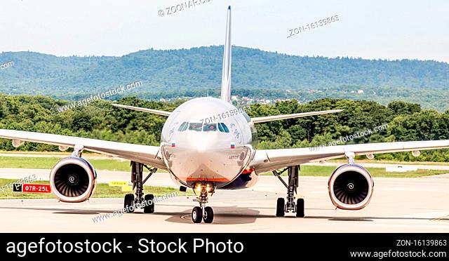 Russia, Vladivostok, 08/17/2020. Passenger airplane Airbus A330 of Aeroflot Airlines after landing on airfield in a sunny day